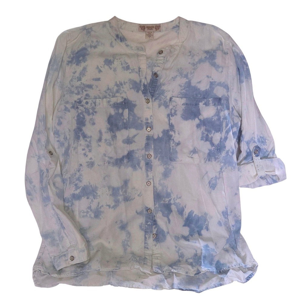 Vintage America Blues Button Down Women L Blue Excellent Tie Dye‎ Roll Tab Boho